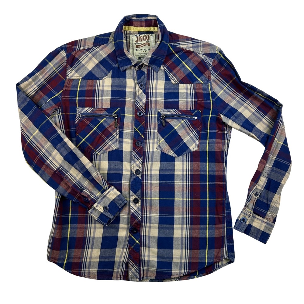 JNCO‎ Shirt Mens Medium Western Plaid Button Up Long Sleeve Zip Pocket Urban